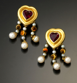 Heart Earrings with Pink Tourmaline, Citrine and Pearl | Chandelier Earrings